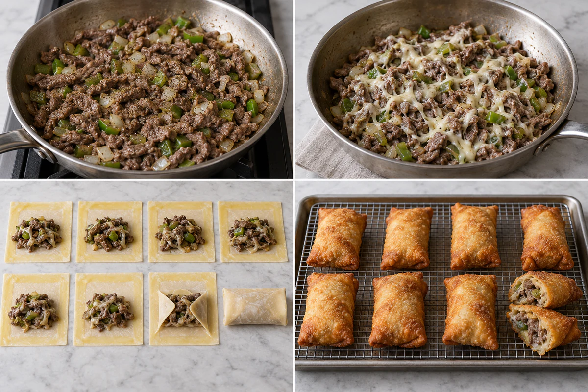 Four chronological preparation stages for Philly Cheesesteak Egg Rolls