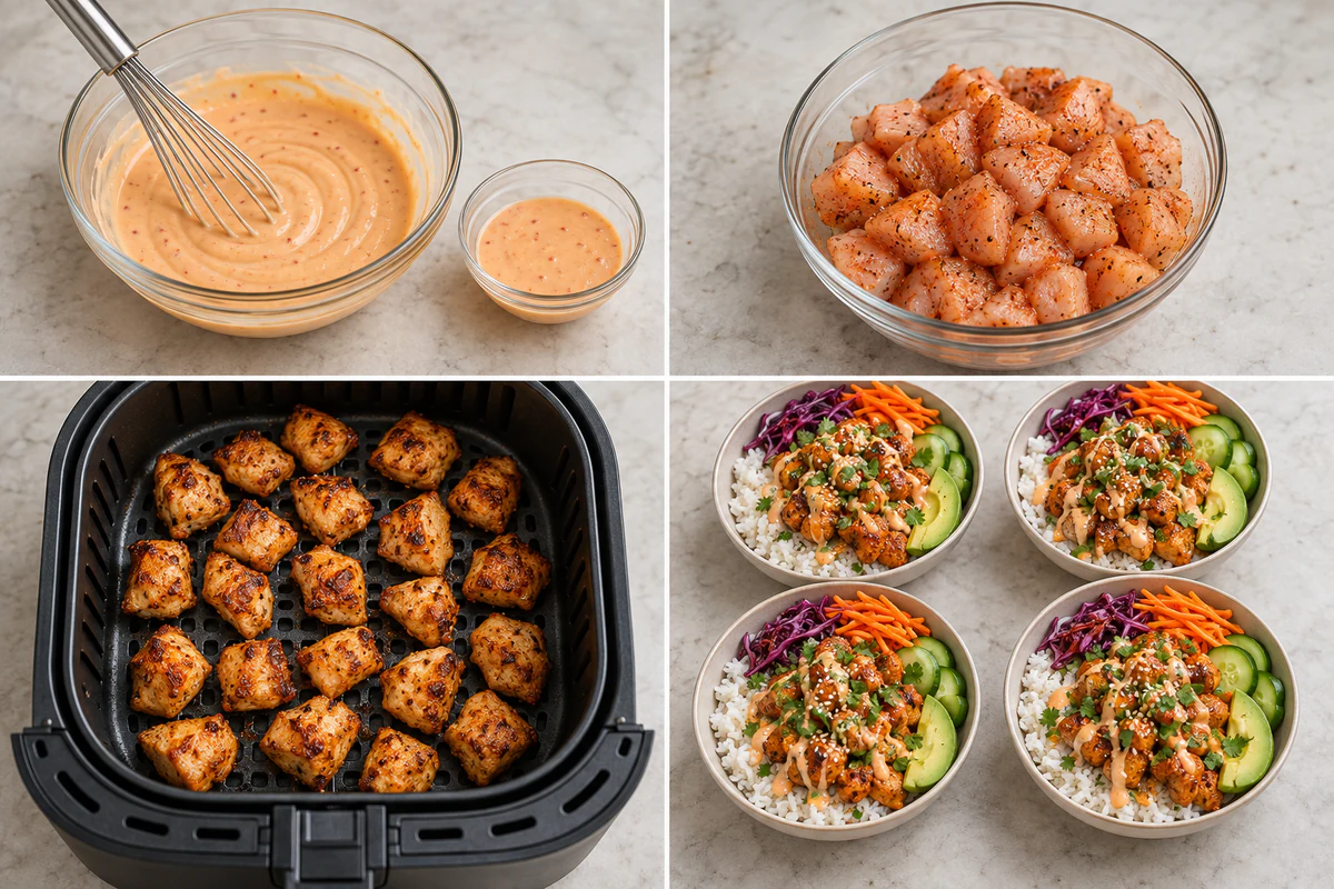 Four chronological preparation stages for Bang Bang Chicken Bowl