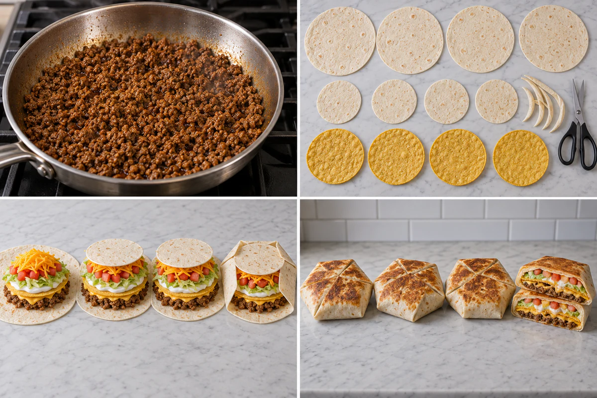 Four chronological preparation stages for Copycat Crunchwrap Supreme