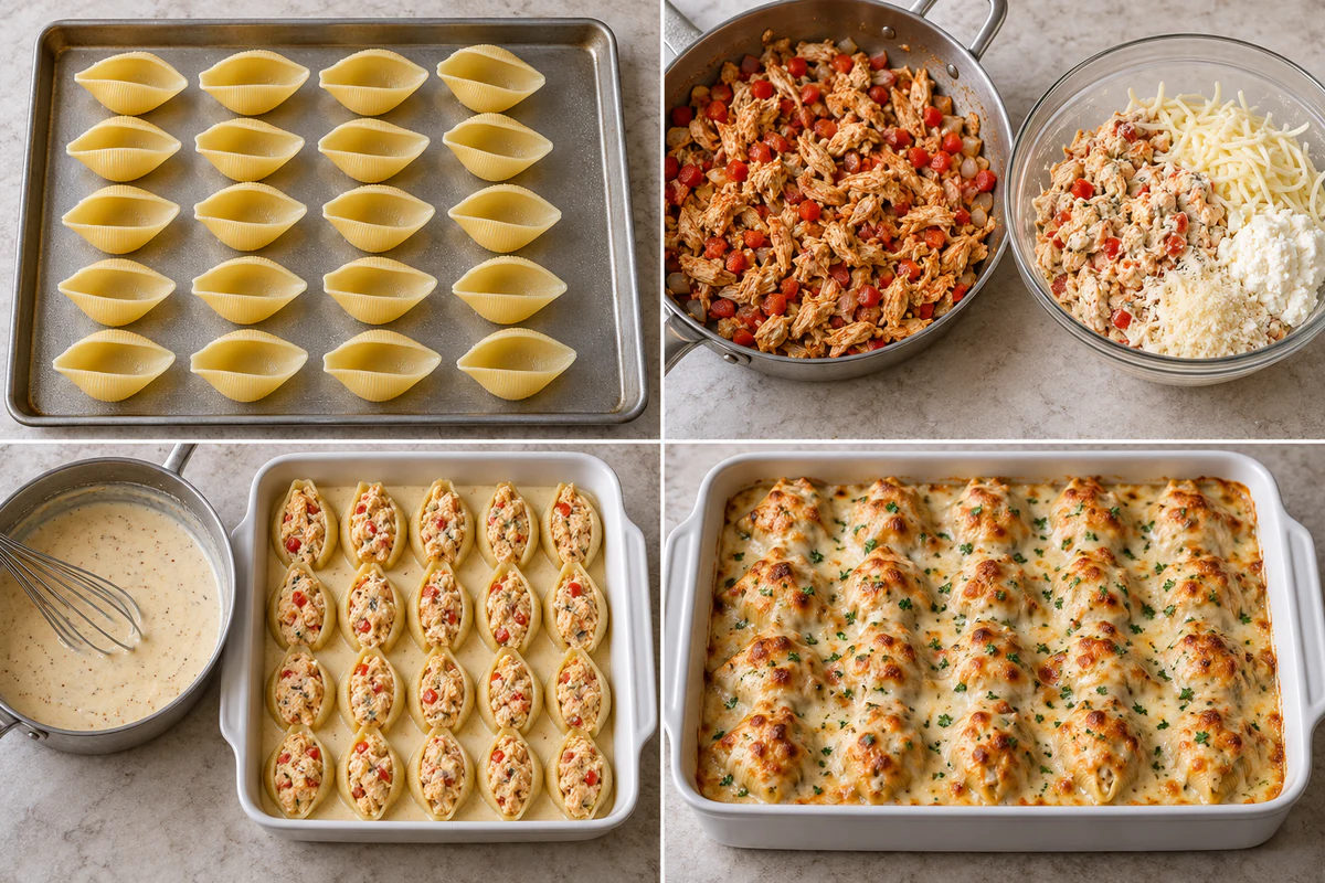 Four chronological preparation stages for Creamy Cajun Chicken Shells