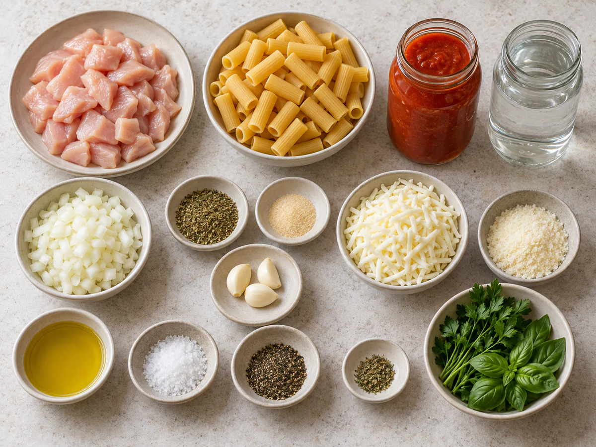 Exact measured ingredients for One Pot Chicken Parmesan Pasta