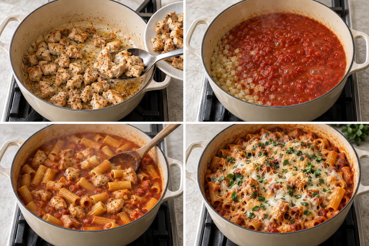 Four chronological preparation stages for One Pot Chicken Parmesan Pasta