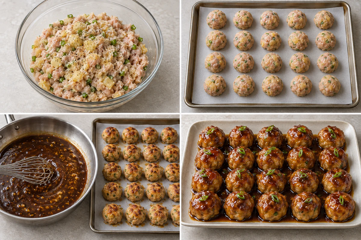 Four chronological preparation stages for Pineapple Teriyaki Chicken Meatballs