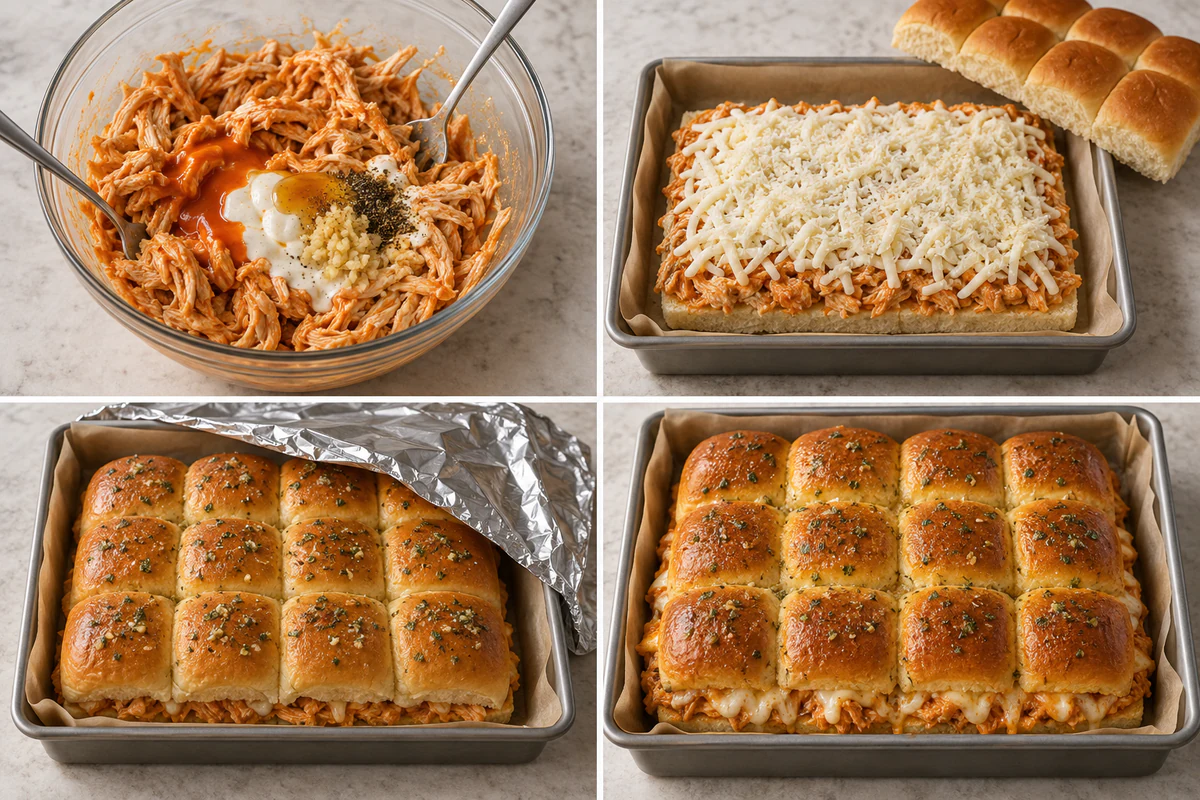 Four chronological preparation stages for Buffalo Chicken Sliders