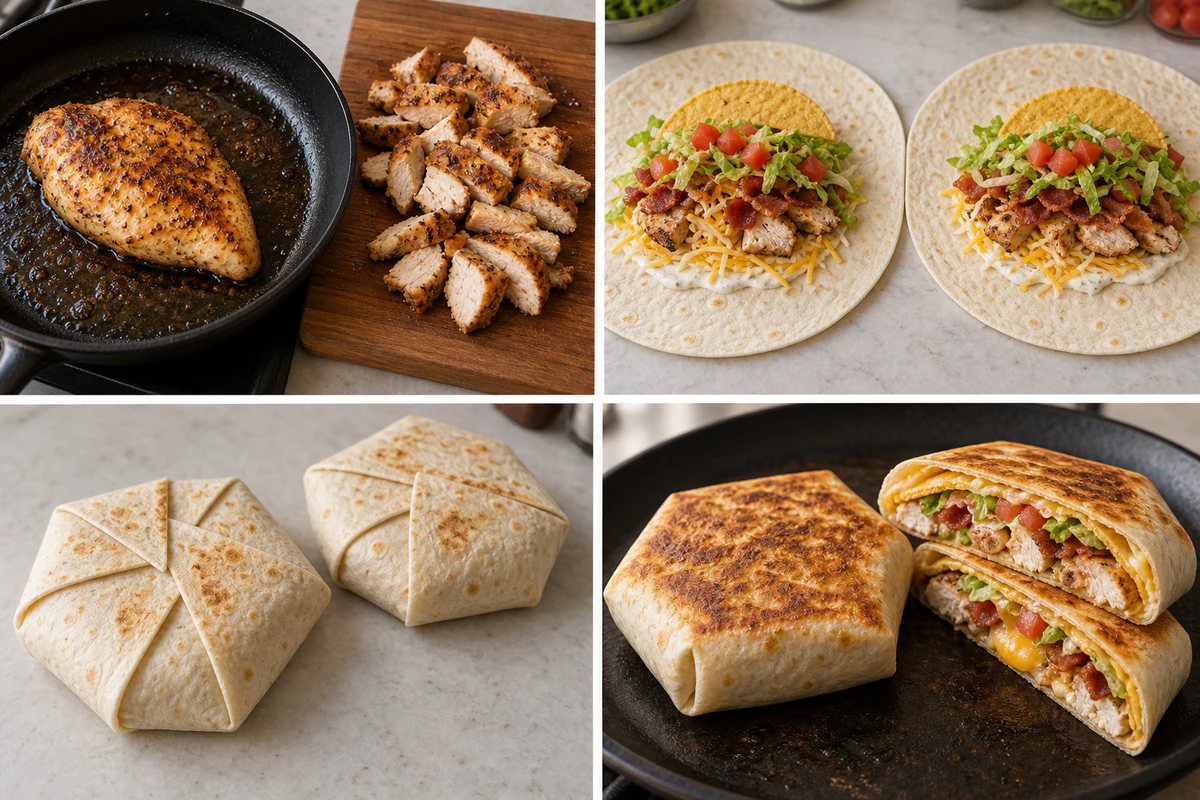 Four chronological preparation stages for Chicken Bacon Ranch Crunchwrap