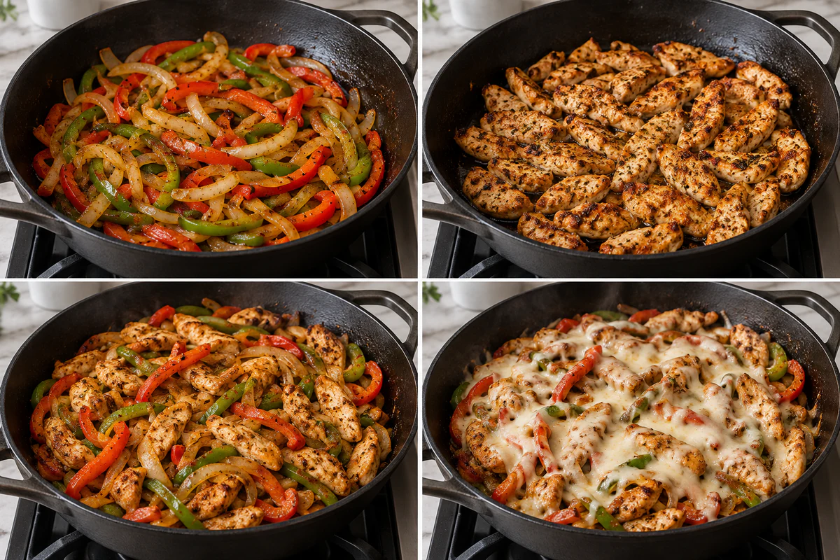 Four chronological preparation stages for Chicken Cheesesteak Skillet