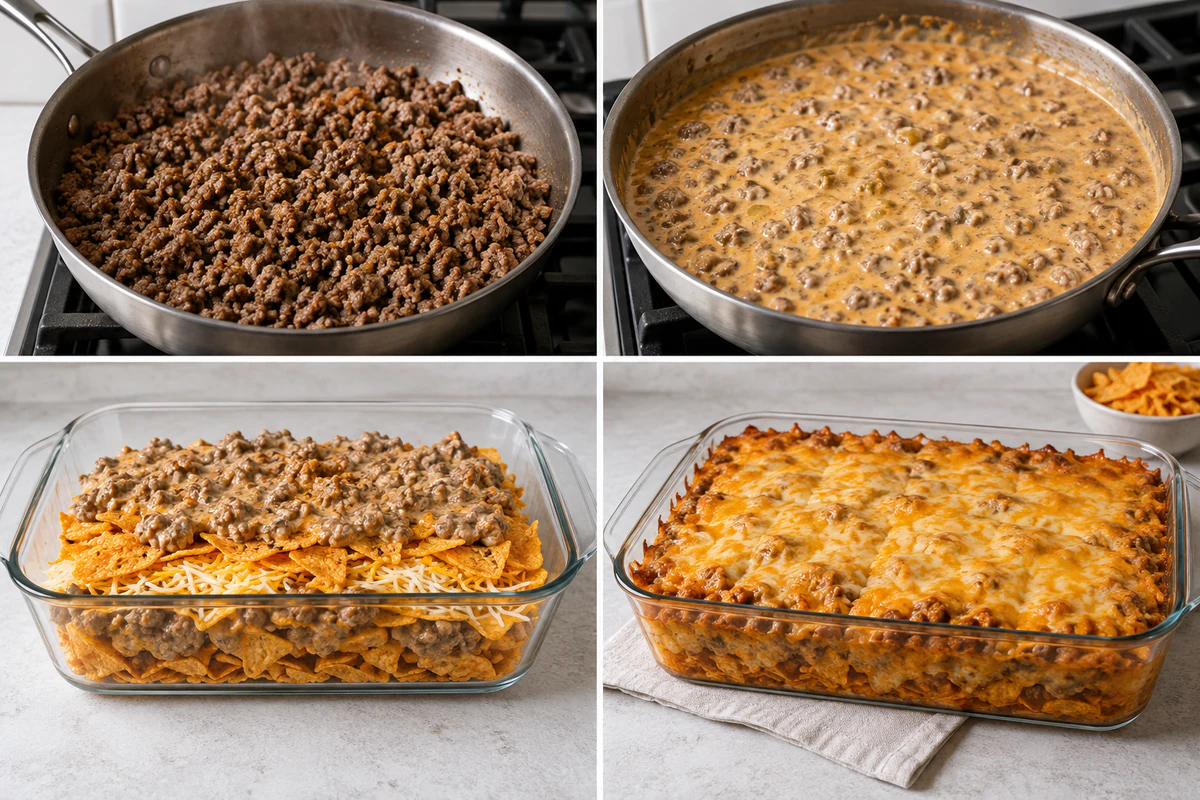 Four chronological preparation stages for Dorito Casserole
