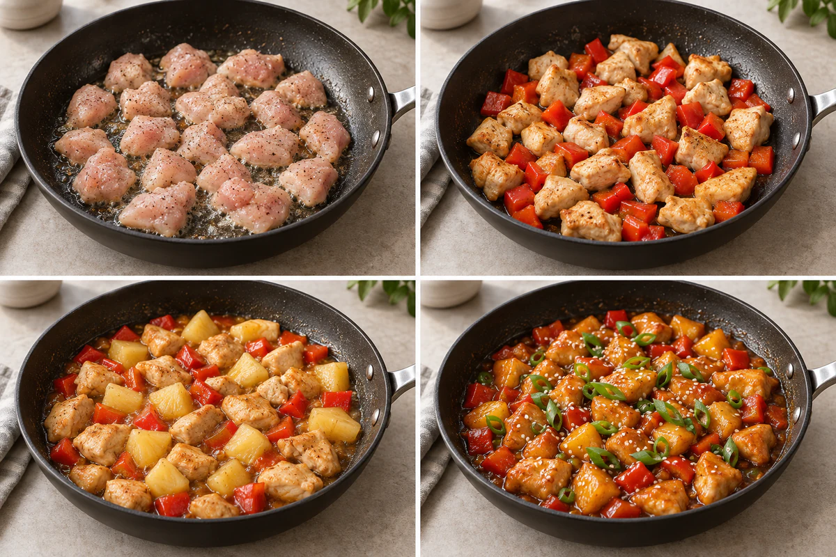 Four chronological preparation stages for Hawaiian Chicken