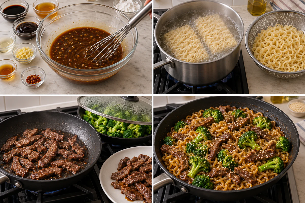 Four chronological preparation stages for Beef and Broccoli Ramen Stir Fry