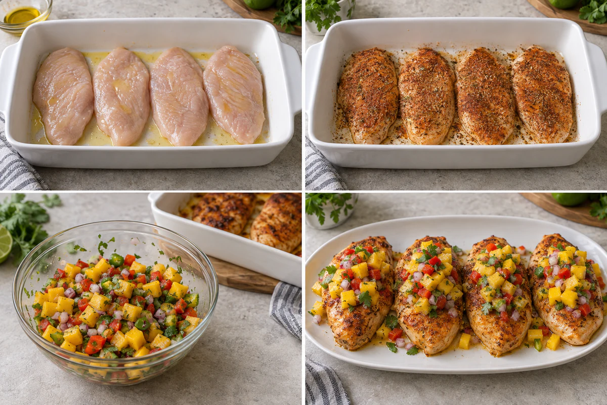 Four chronological preparation stages for Chicken with Mango Salsa