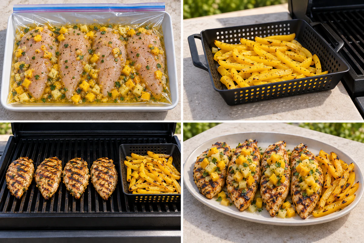 Four chronological preparation stages for Grilled Mango Pineapple Chicken