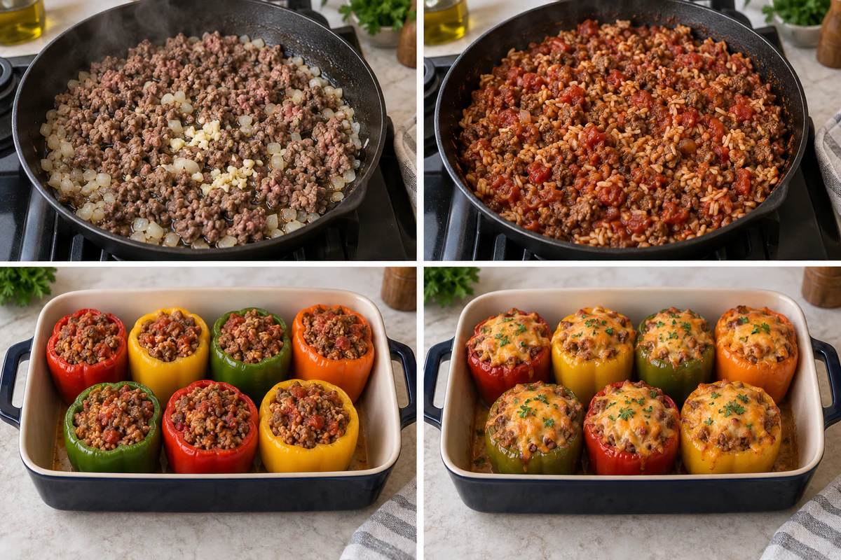 Four chronological preparation stages for Stuffed Bell Peppers