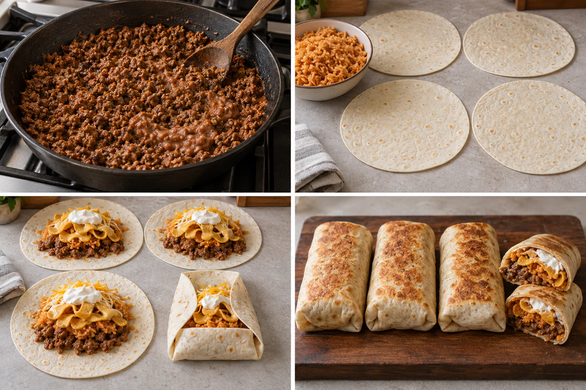 Four chronological preparation stages for Taco Bell Beefy Melt Burrito