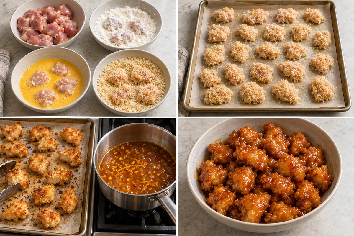 Four chronological preparation stages for Baked Orange Chicken