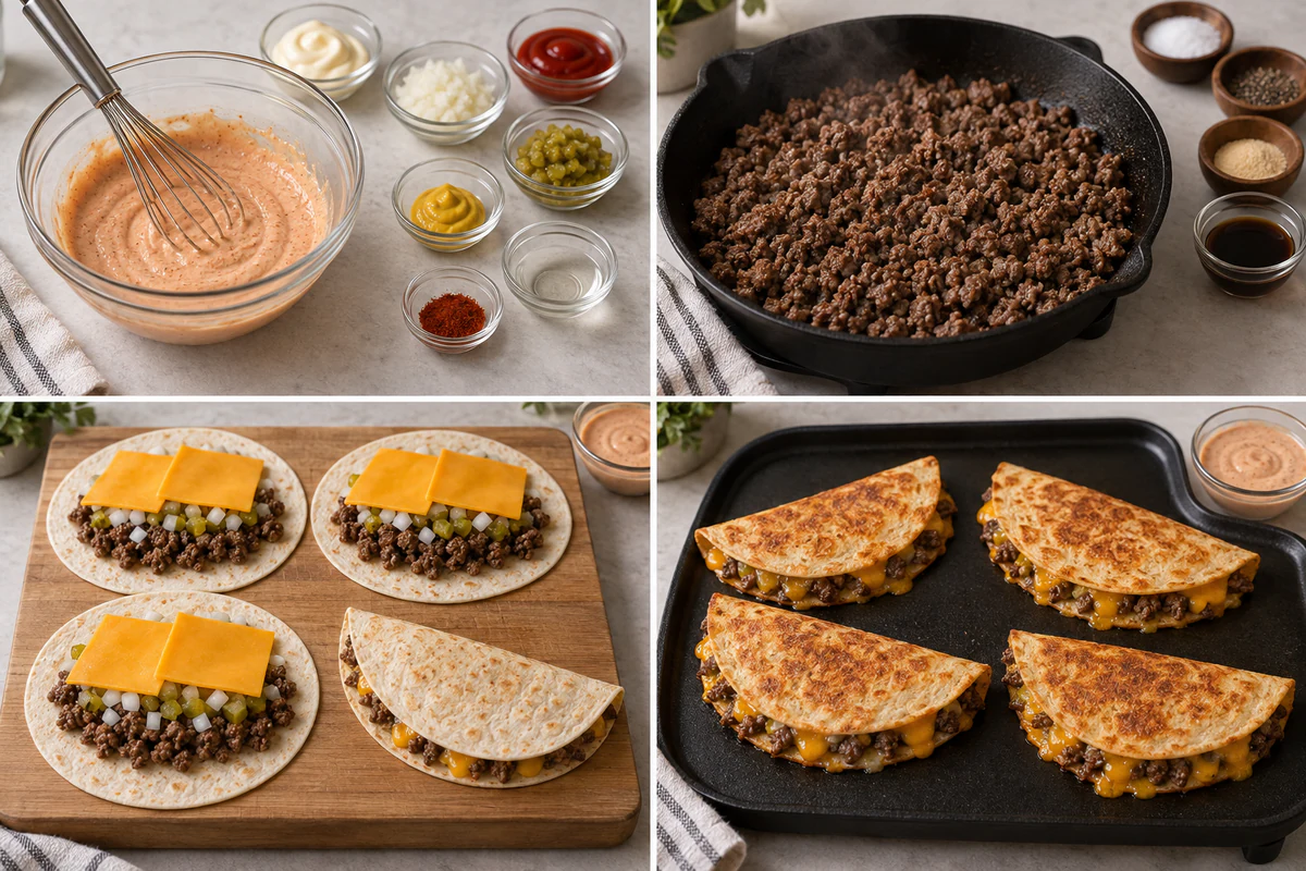 Four chronological preparation stages for Cheeseburger Quesadilla
