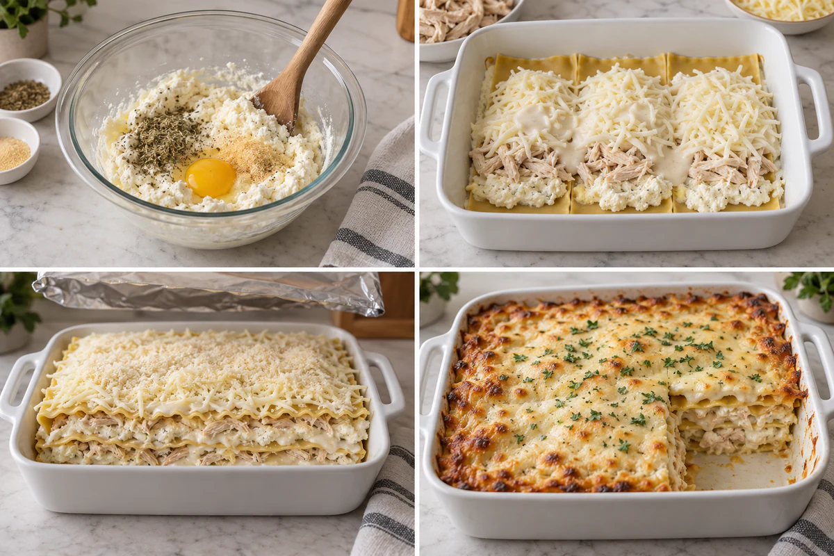 Four chronological preparation stages for Cheesy Chicken Alfredo Lasagna