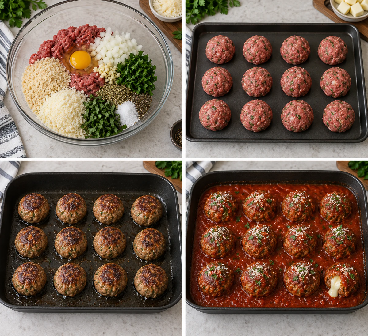 Four chronological preparation stages for Mozzarella Stuffed Meatballs