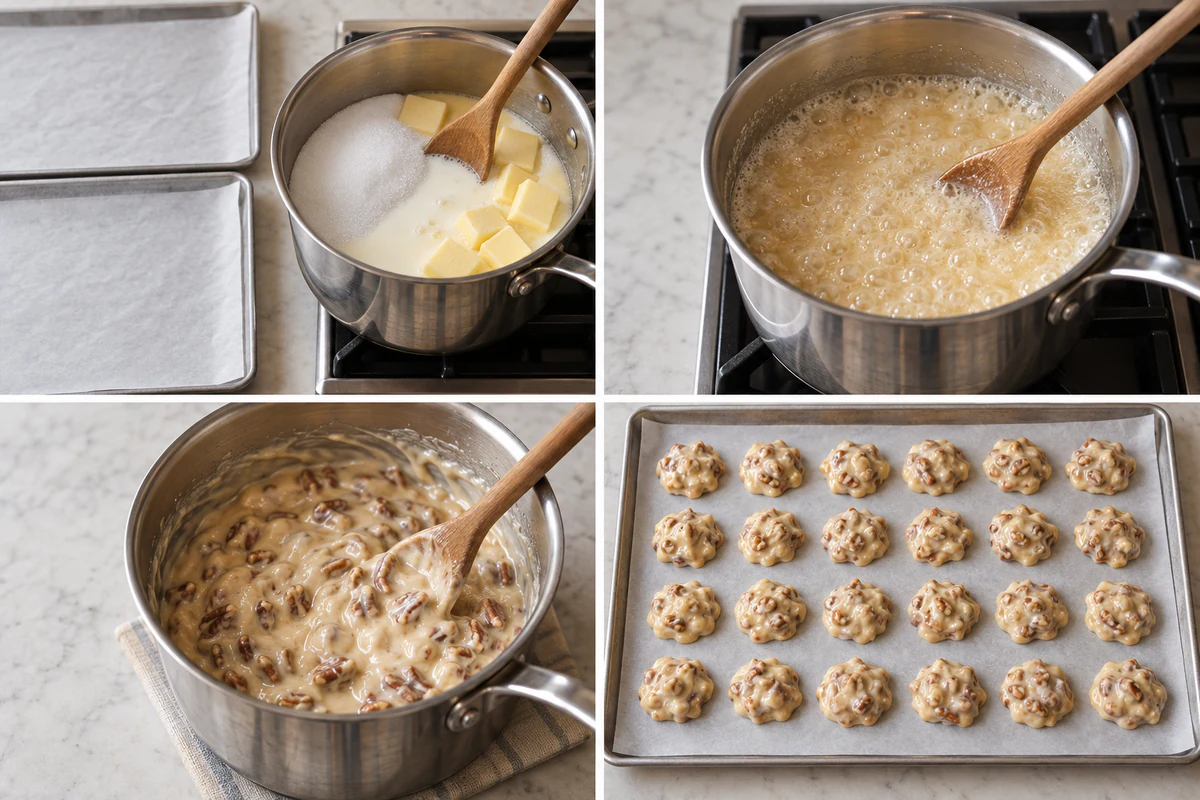 Four chronological preparation stages for Vanilla Pecan Pralines