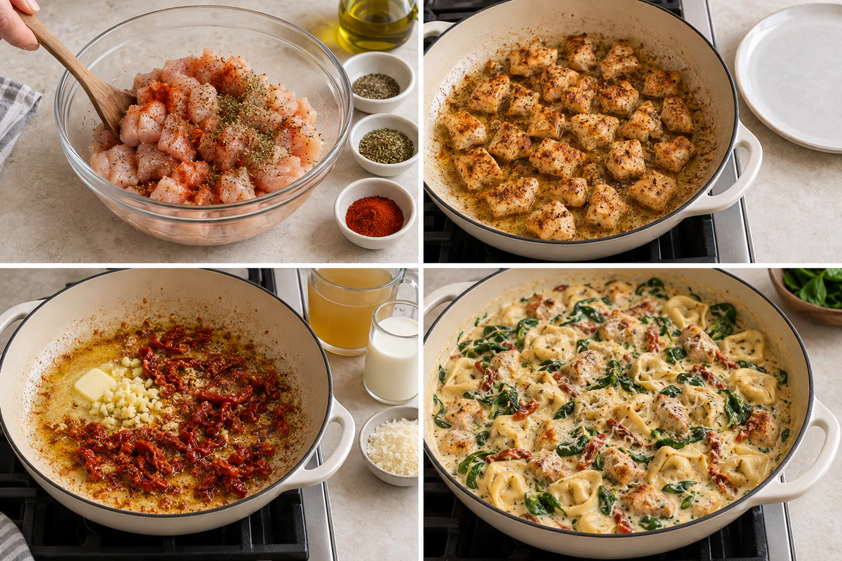 Four chronological preparation stages for Marry Me Chicken Tortellini