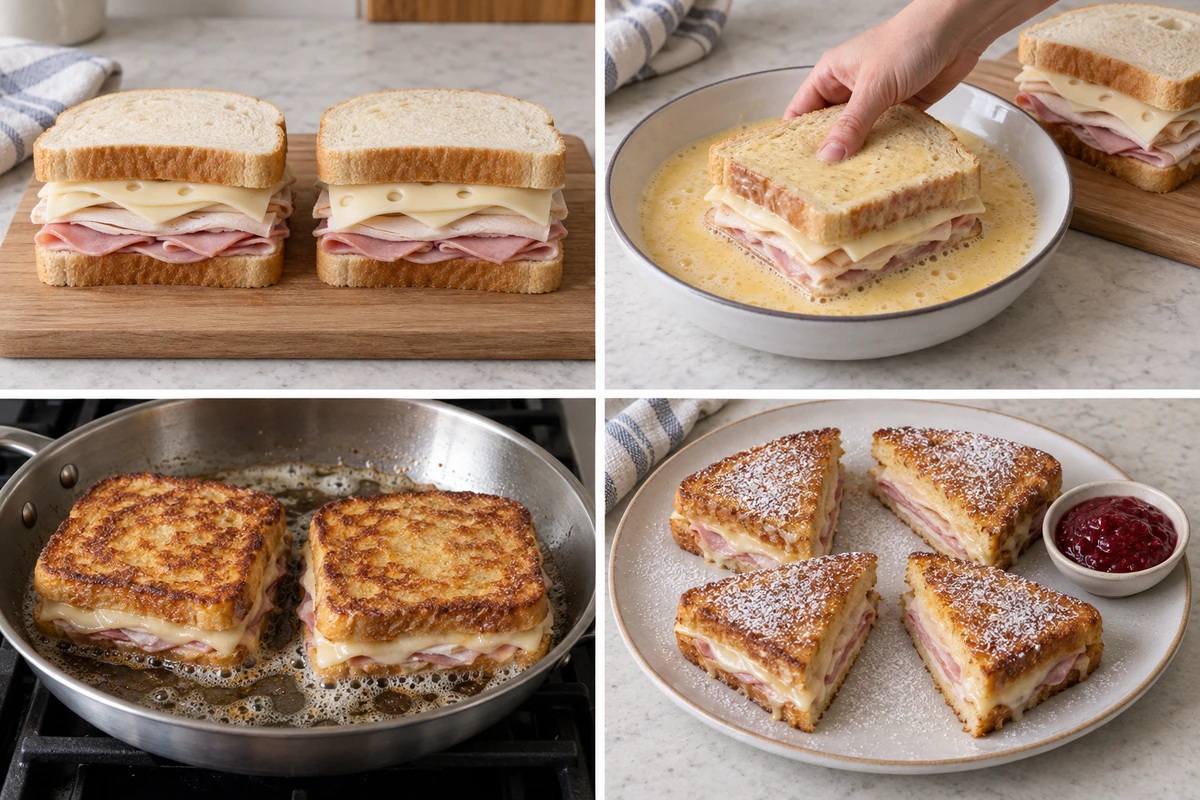 Four chronological preparation stages for Monte Cristo Sandwich