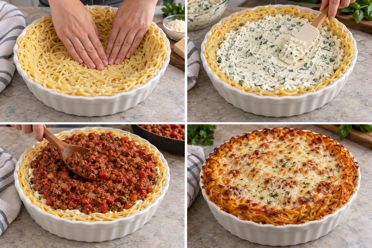 Four chronological preparation stages for Spaghetti Pie