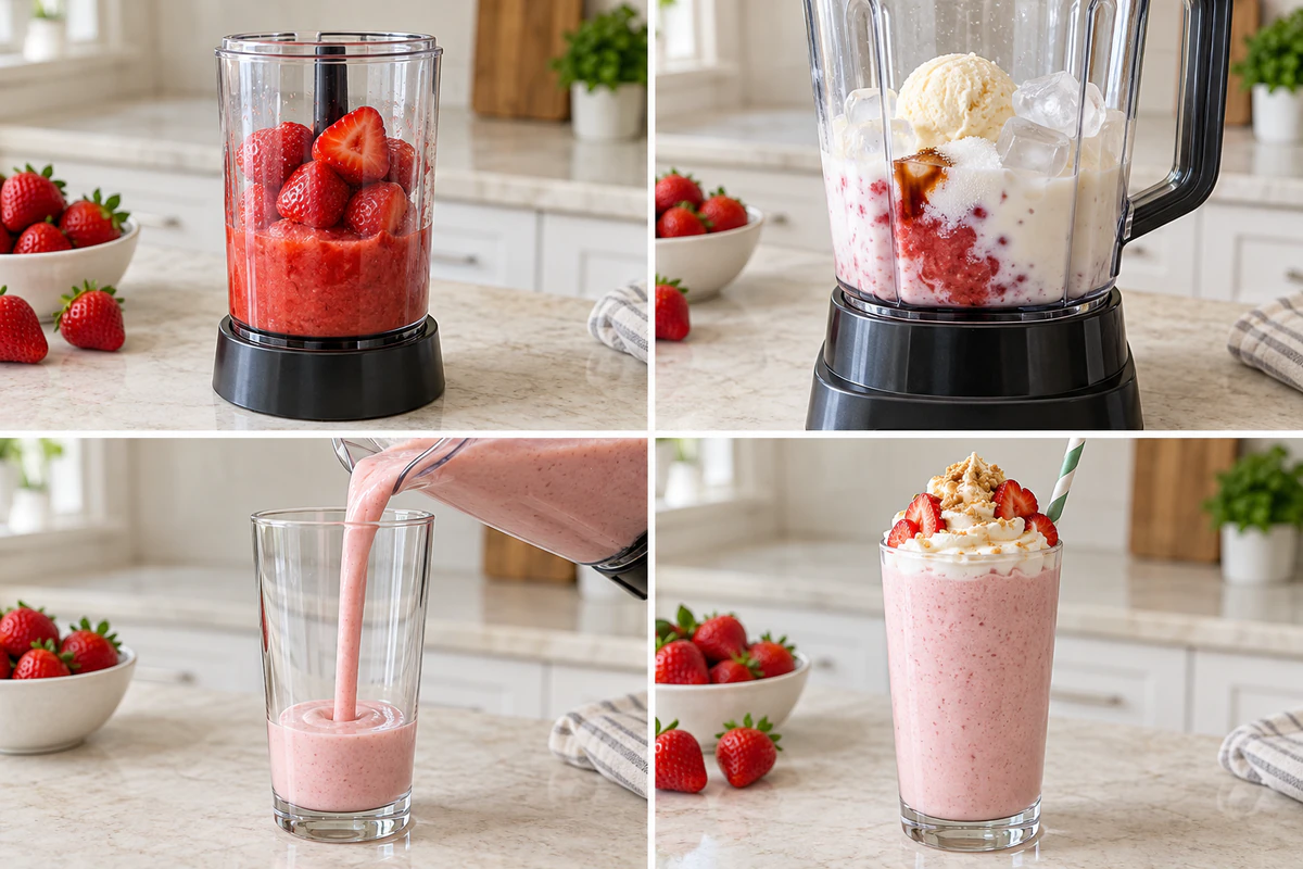 Four chronological preparation stages for Starbucks Strawberry Shortcake Frappuccino