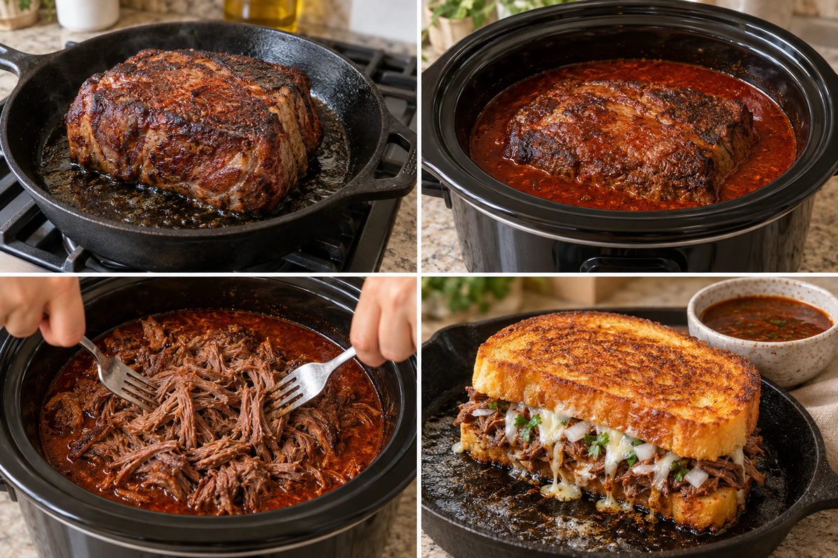 Four chronological preparation stages for Birria Grilled Cheese