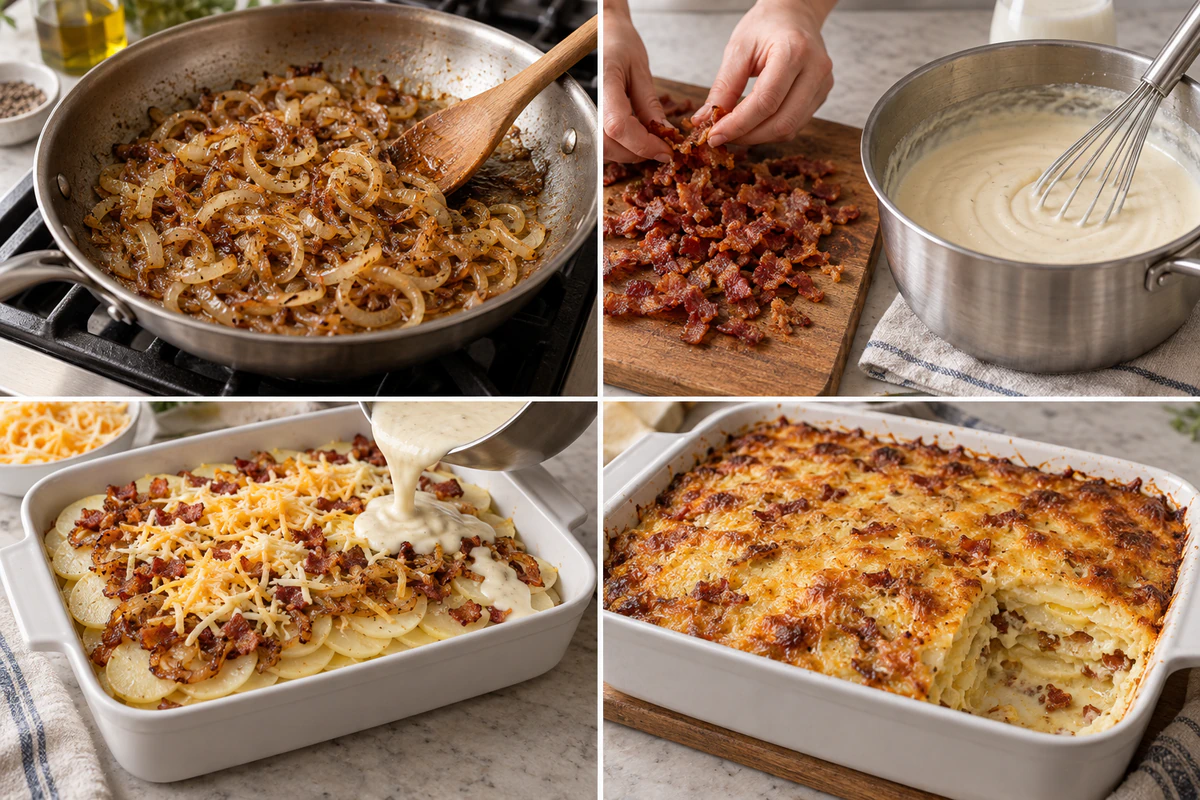 Four chronological preparation stages for Loaded Scalloped Potatoes