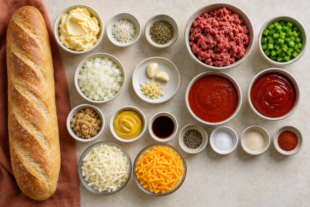 Exact measured ingredients for Sloppy Joe Garlic Bread