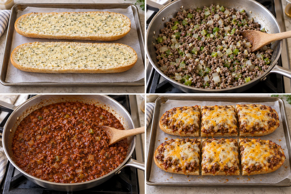 Four chronological preparation stages for Sloppy Joe Garlic Bread
