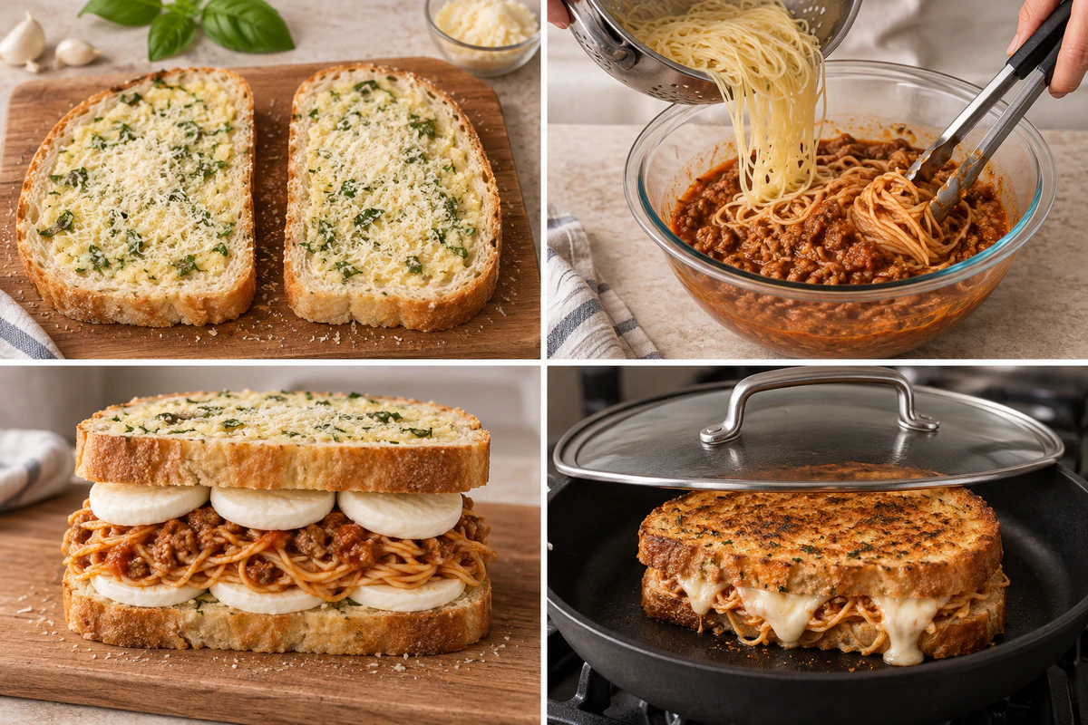 Four chronological preparation stages for Spaghetti Grilled Cheese