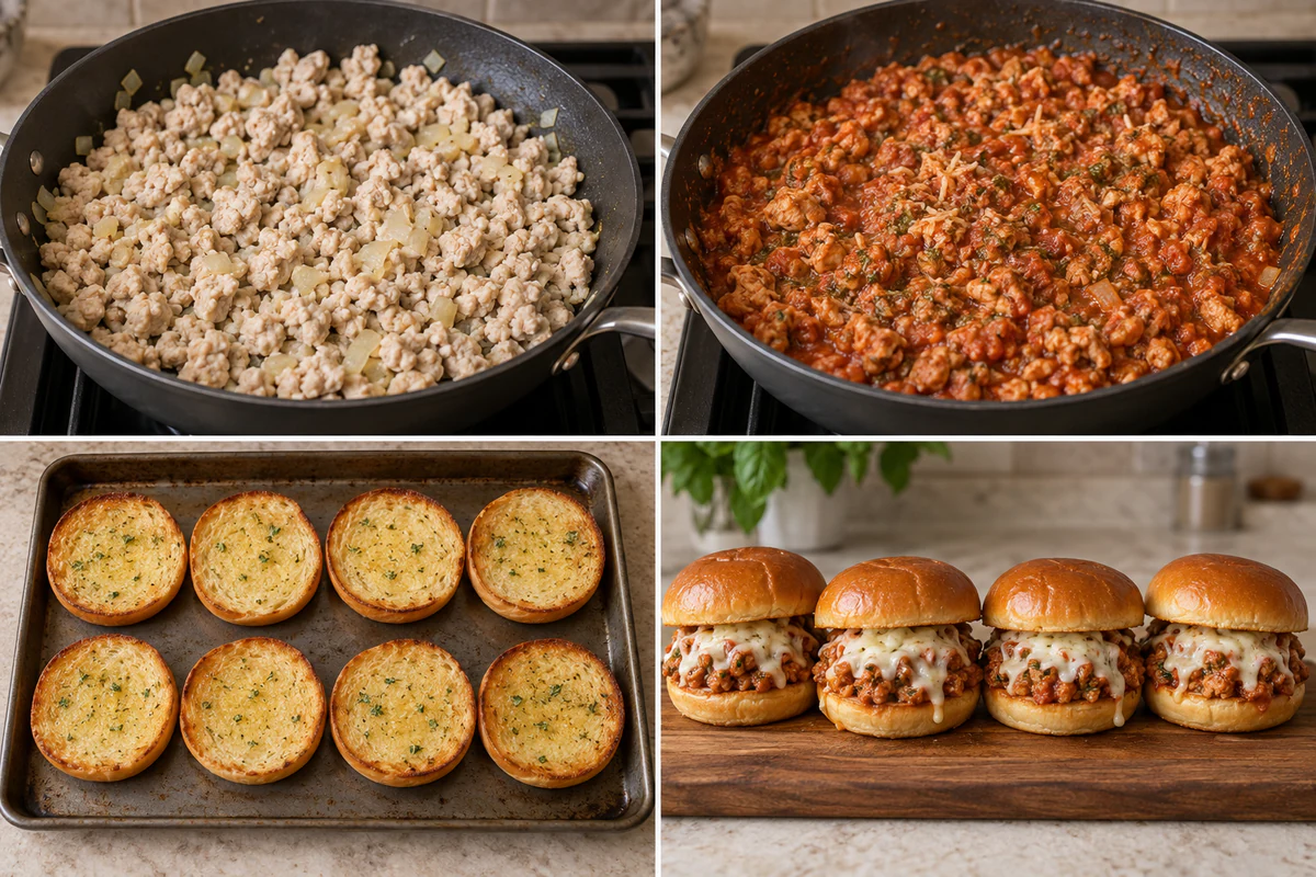 Four chronological preparation stages for Chicken Parmesan Sloppy Joes