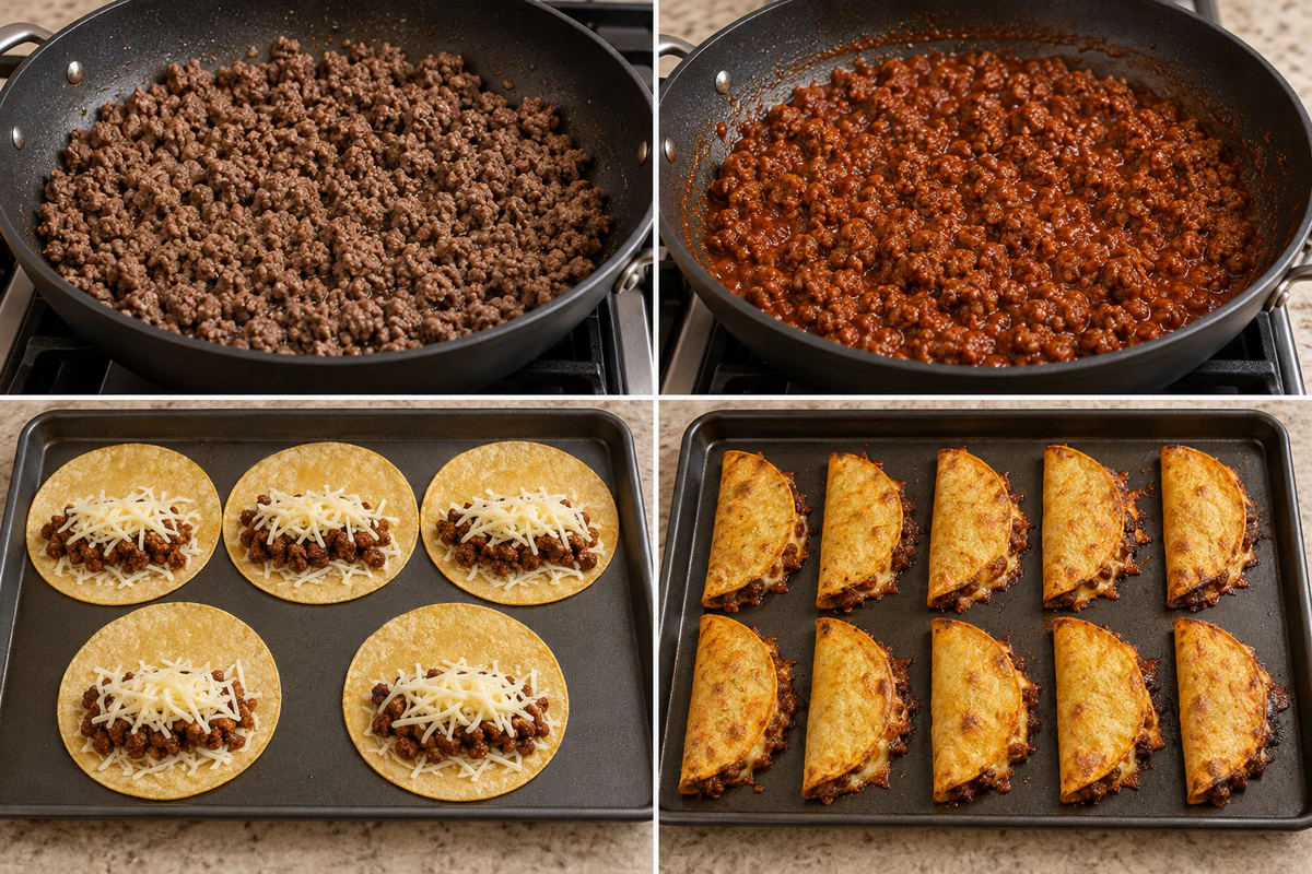 Four chronological preparation stages for Crispy Ground Beef Tacos