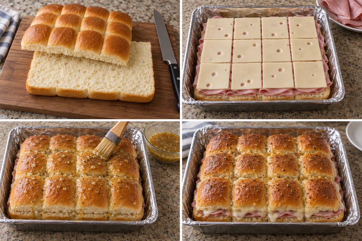 Four chronological preparation stages for Ham and Swiss Sliders