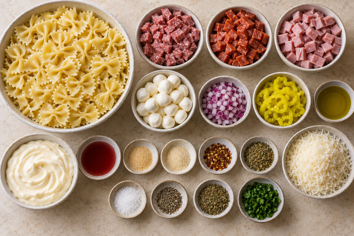 Exact measured ingredients for Italian Combo Pasta Salad