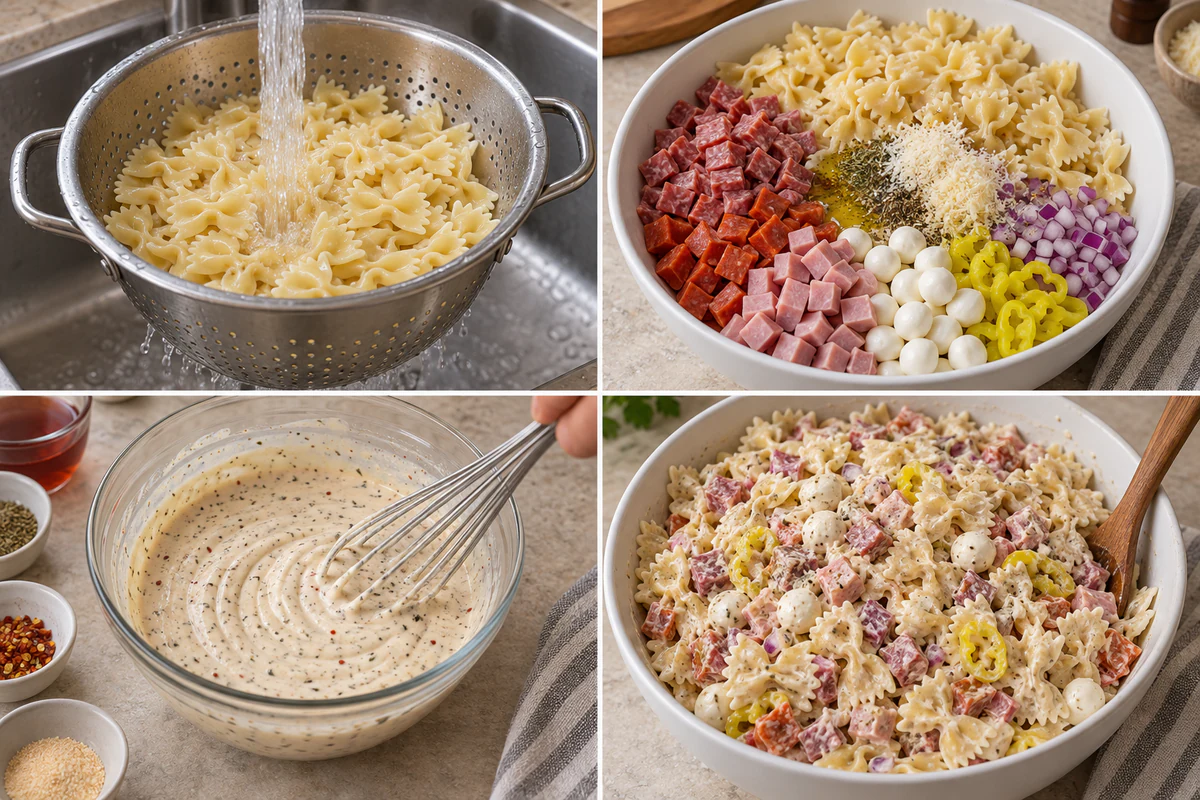 Four chronological preparation stages for Italian Combo Pasta Salad