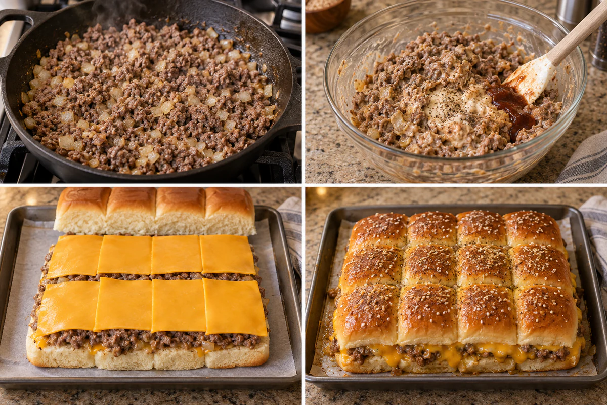 Four chronological preparation stages for Cheeseburger Sliders with Hawaiian Rolls