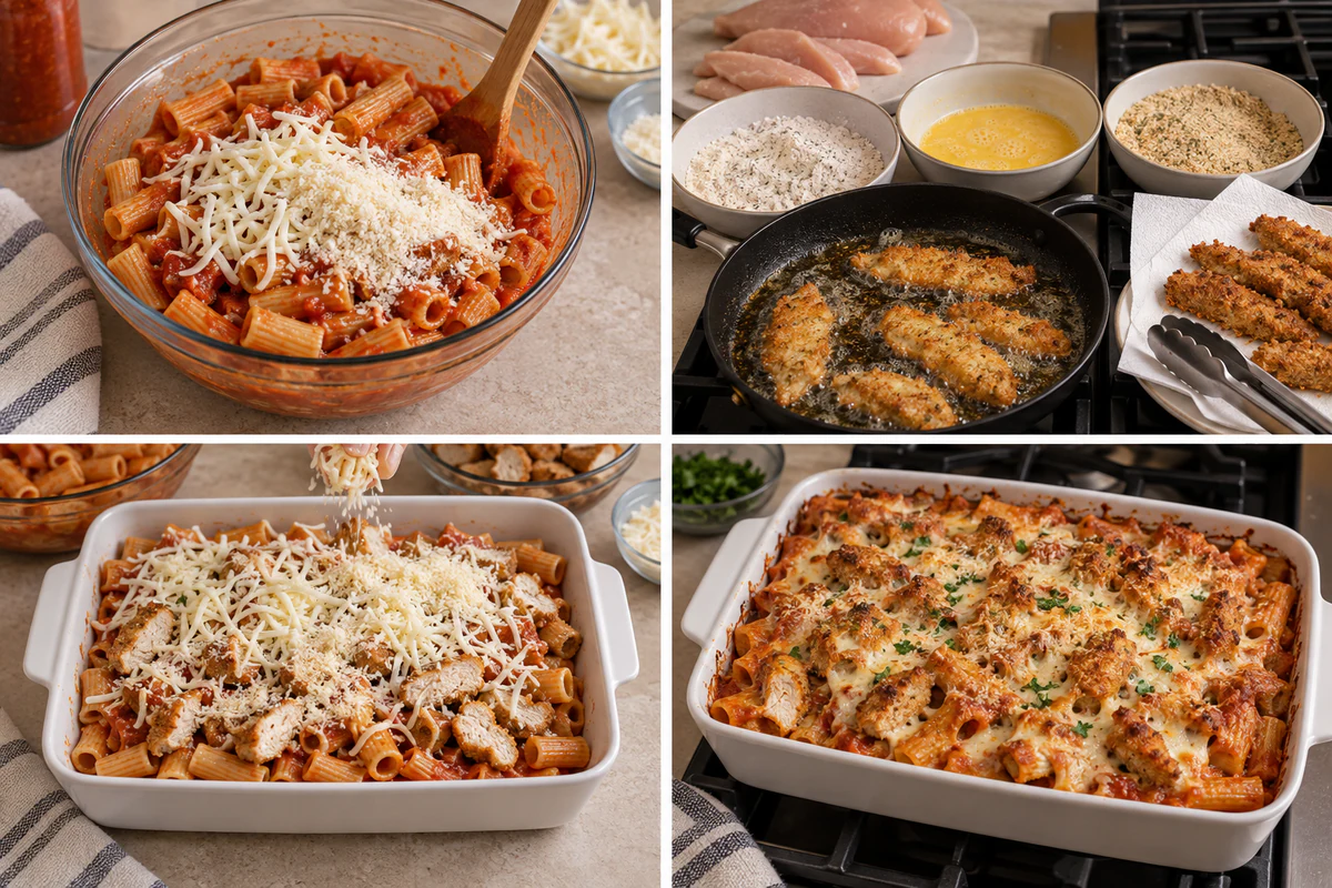 Four chronological preparation stages for Chicken Parmesan Casserole