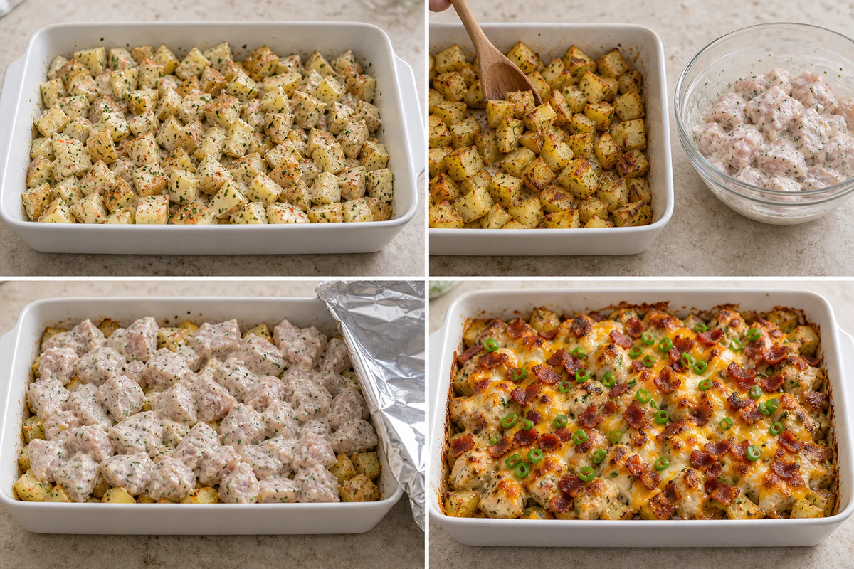 Four chronological preparation stages for Loaded Potato Ranch Chicken Casserole