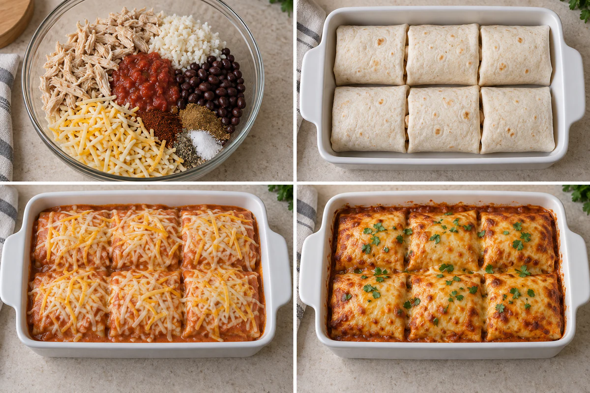 Four chronological preparation stages for Smothered Baked Chicken Burritos