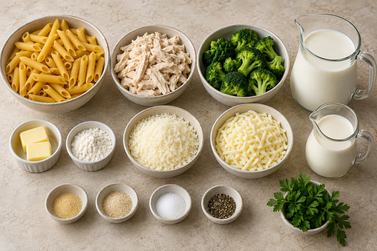 Exact measured ingredients for Chicken & Broccoli Alfredo Bake