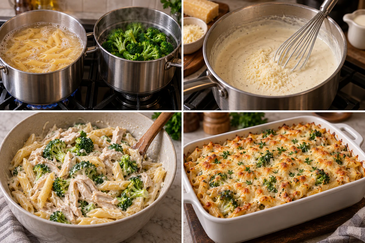 Four chronological preparation stages for Chicken & Broccoli Alfredo Bake