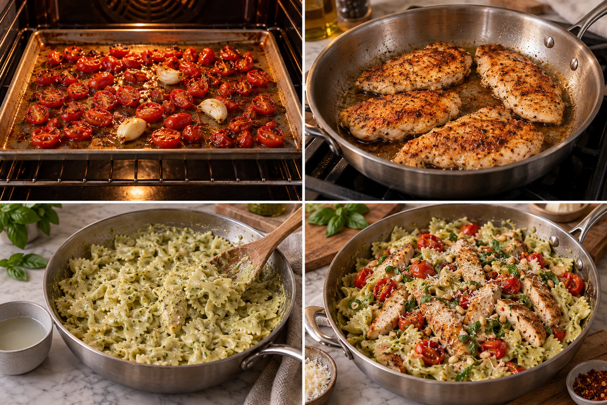 Four chronological preparation stages for Creamy Chicken Pesto Pasta