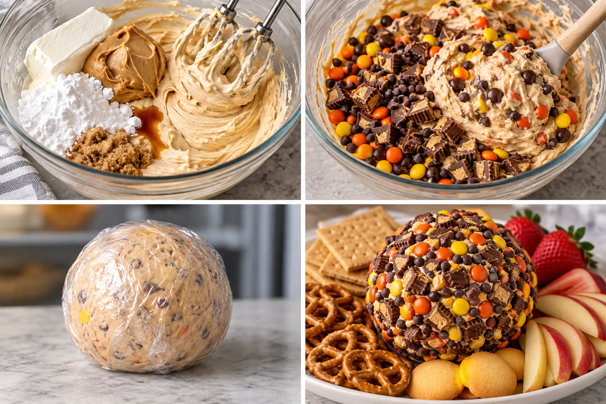 Four chronological preparation stages for Reese’s Cheese Ball Peanut Butter Bliss Dessert Recipe