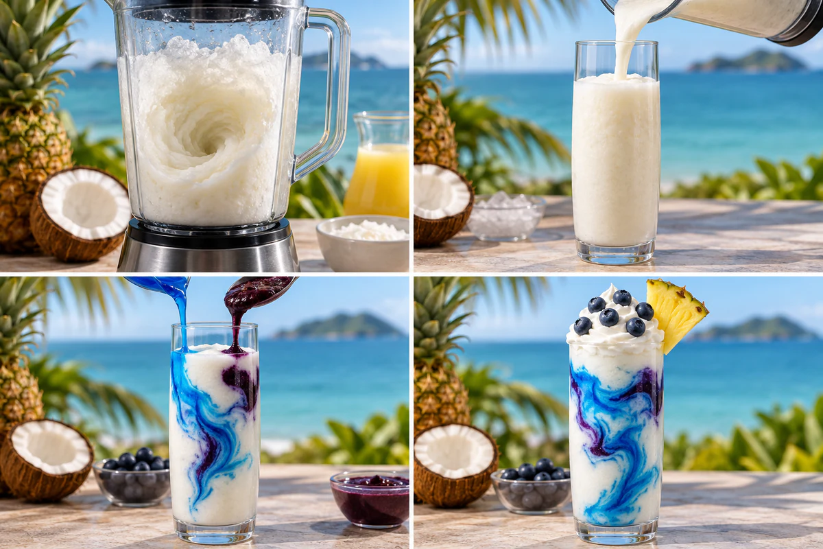 Four chronological preparation stages for Virgin Ocean Love Colada