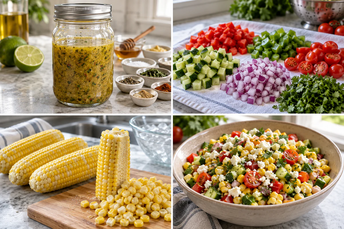 Four chronological preparation stages for Corn Salad