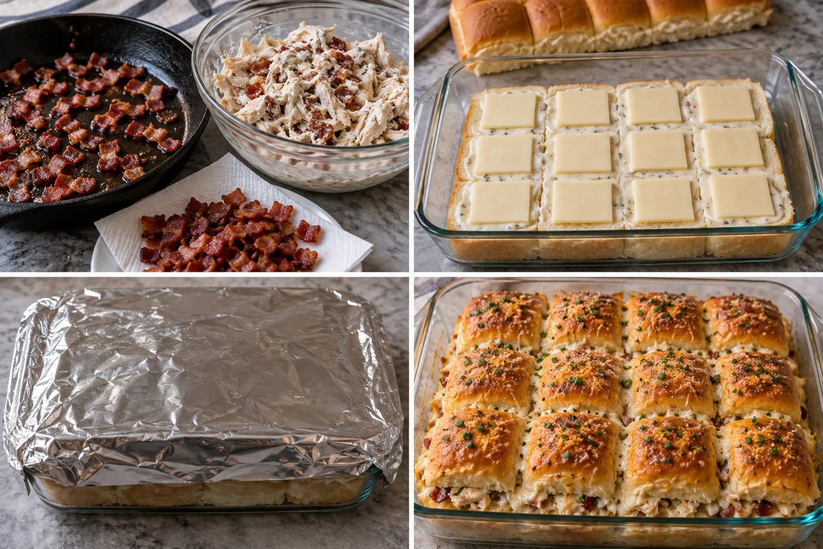 Four chronological preparation stages for Chicken Bacon Ranch Sliders