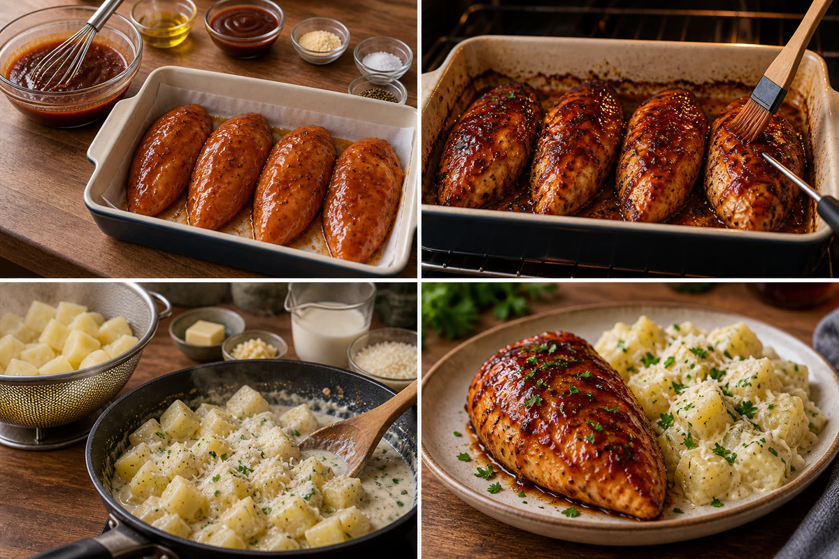 Four chronological preparation stages for Honey BBQ Chicken + Garlic Parmesan Potatoes