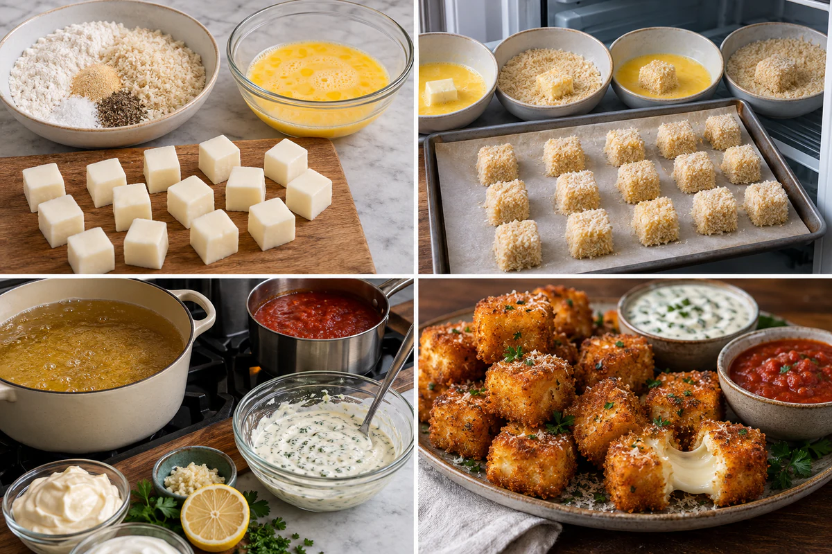 Four chronological preparation stages for Crispy Mozzarella Sticks with Dips