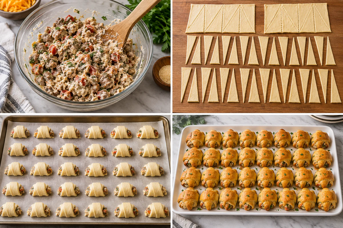 Four chronological preparation stages for Sausage Cream Cheese Crescent Rolls